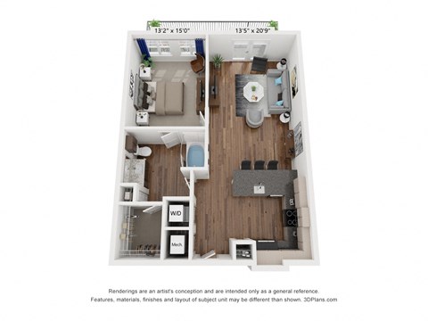 a stylized floor plan with a bedroom and a living room